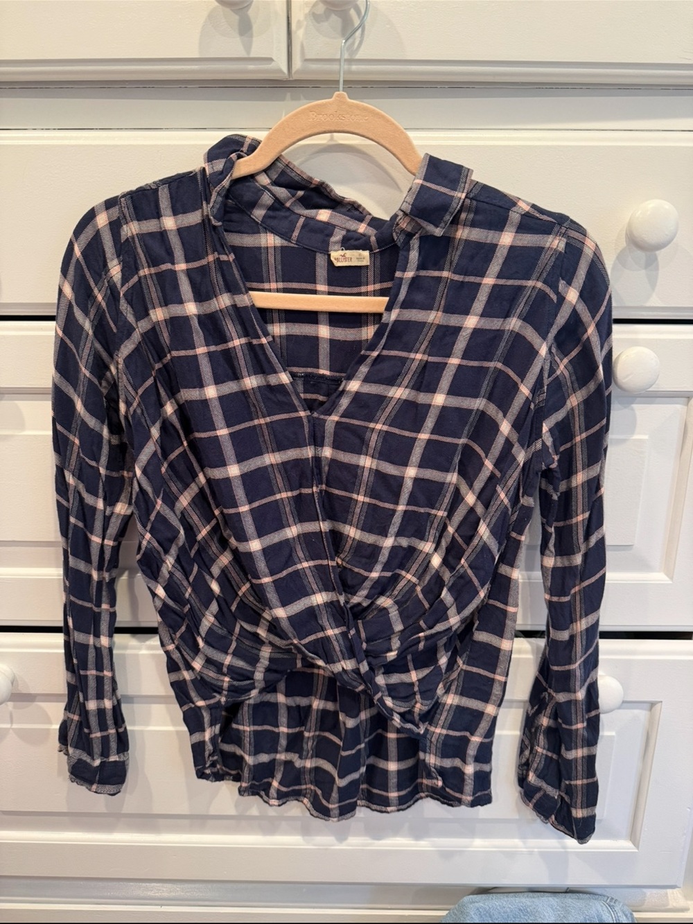 Hollister Navy and White Plaid Twist-Front Blouse